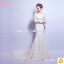 2017 OEM Suzhou Factory Fornecedor White Satin Lace Crystal Beaded Off Shoulder Wedding Dress Trumpet Pattern